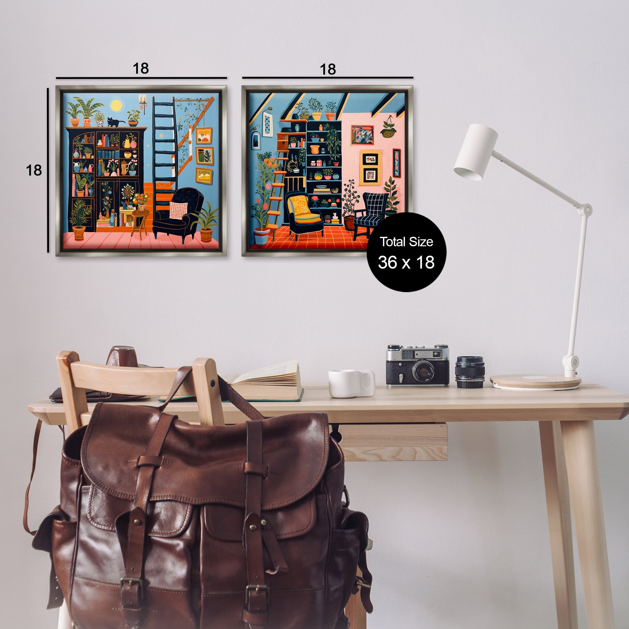 Stupell Industries Cozy Decorated Reading Nook Furniture Painting Gray Floater Framed Canvas Art Print Wall Art, 18 x 18, Set of 2