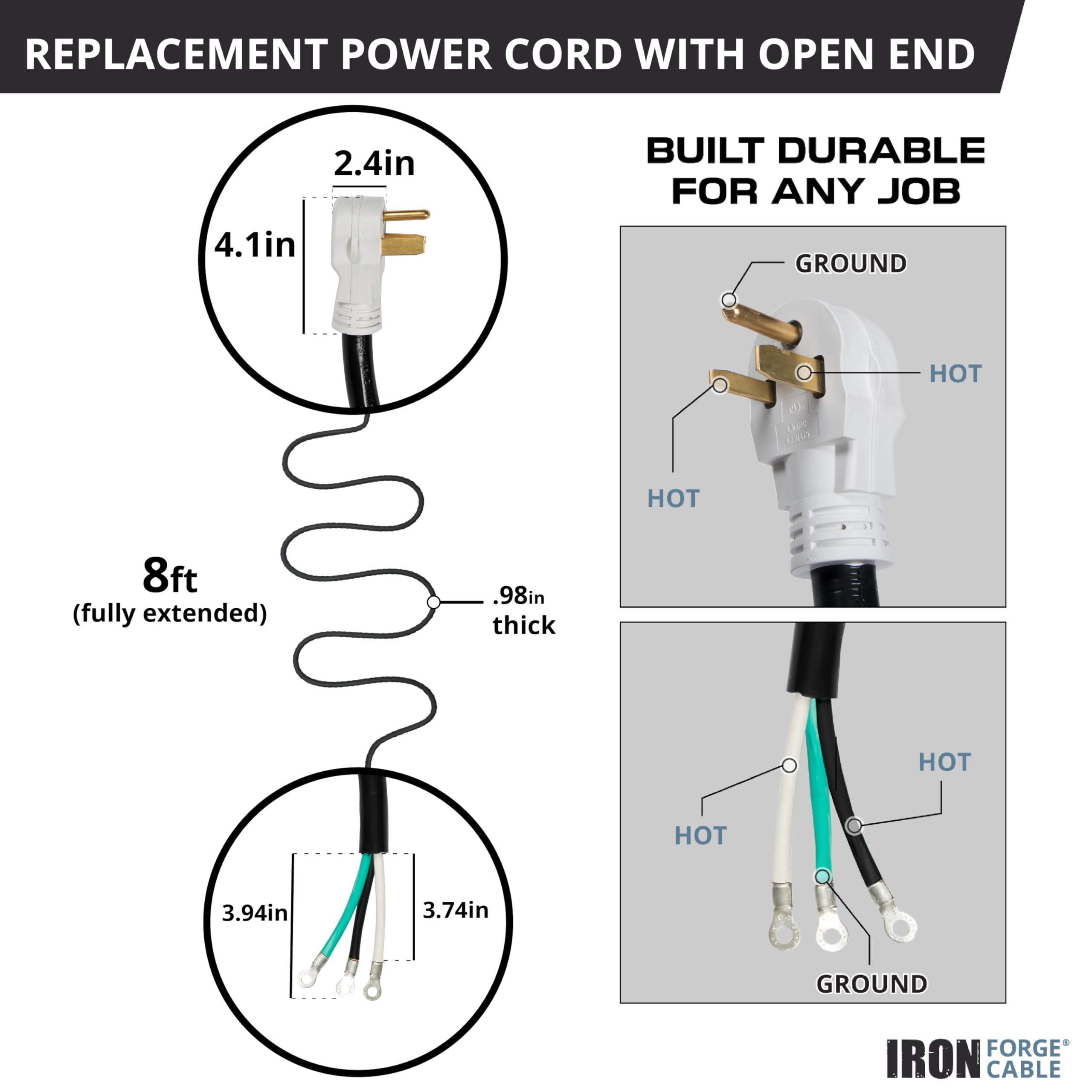 Iron Forge Cable NEMA 6-50 Extension Cord with Open End - 8ft 50 Amp EV Power Cord with Eyelet, 6/3 Gauge Replacement Cable - NEMA 6-50 Plug STW