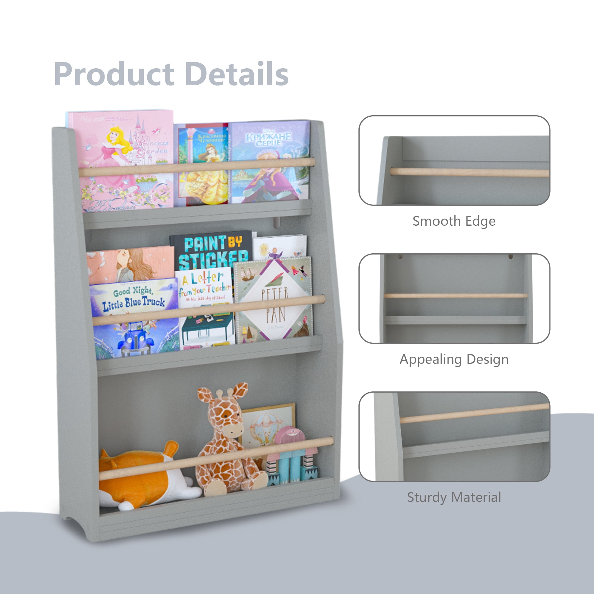 Miniyam 3-Tier Wooden Bookshelf with Toy Storage for Kid, Gray