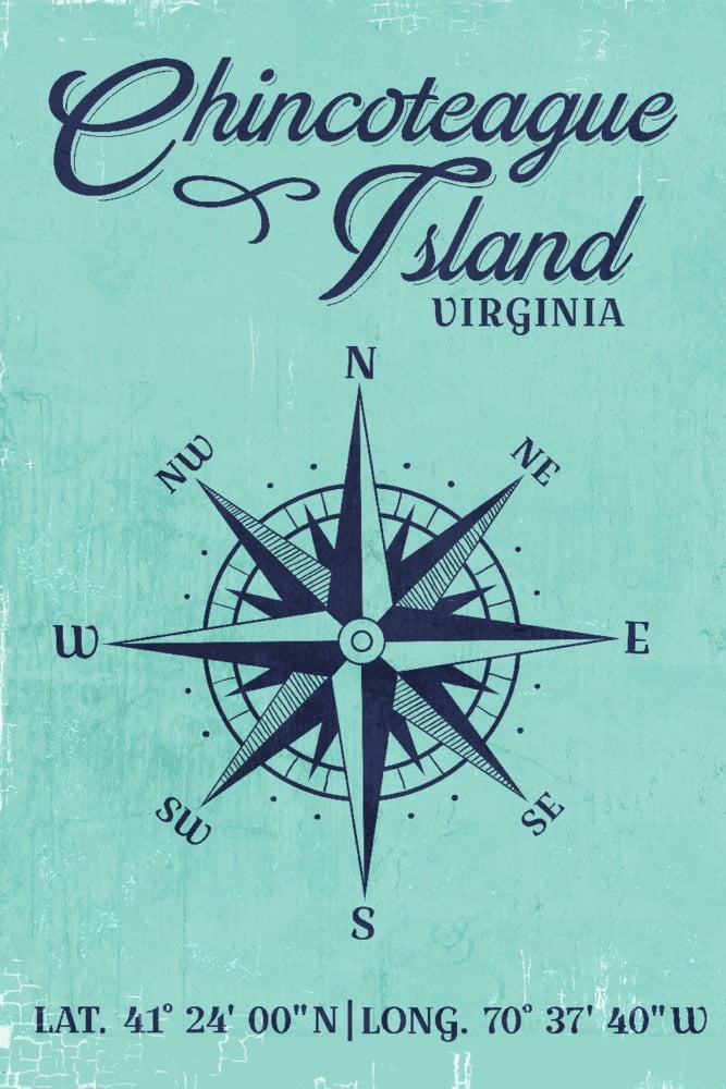 Chincoteague Island, Virginia, Long. and Lat., Compass Design (16x24