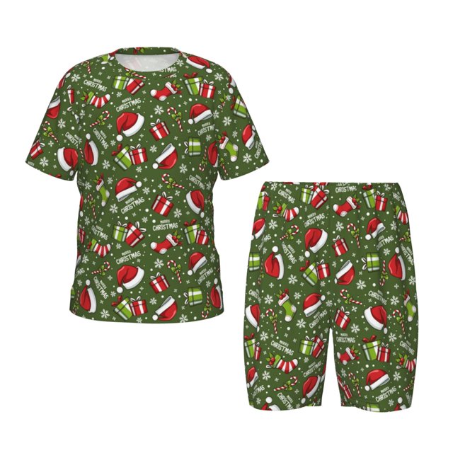 Bingfone Chapeau de Noël Chaussettes pour Enfants Ensemble de Pyjamas Col Rond, Pyjamas à Manches Courtes avec Taille Élastique et Shorts Ensemble Deux Pièces, Adapté pour Garçons et Filles Tenue de Maison-4TG