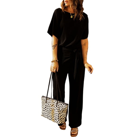 Women's Black Dolman Sleeve Belted Straight Leg Jumpsuit for Casual Daily Wear - [ZhiHiMeRi] | 2XL