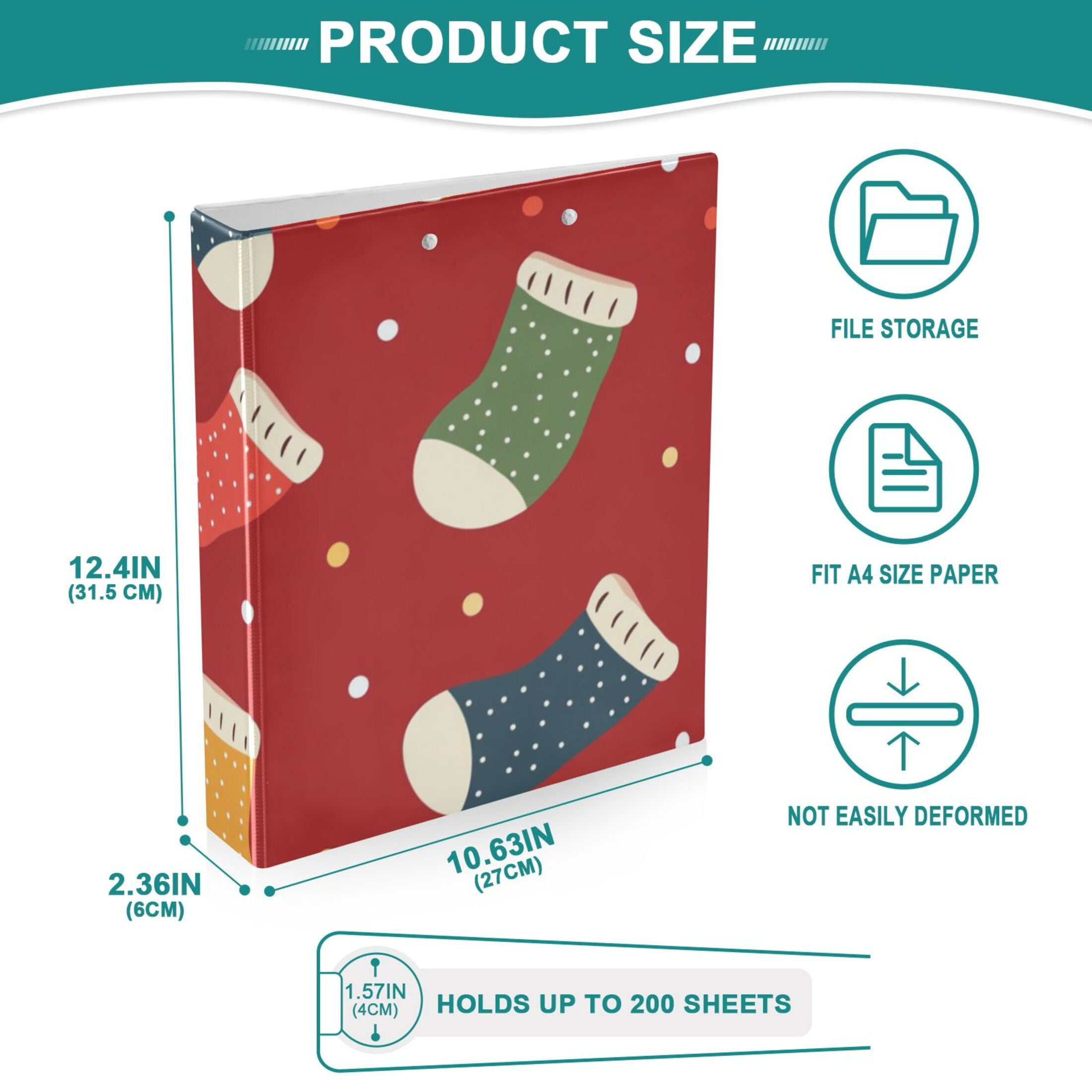 Christmas Socks Colorful 3 Ring Binders 1.5 inch Hardcover File Folders with Interior Pockets A4 Size Organizer for School Office Hospital