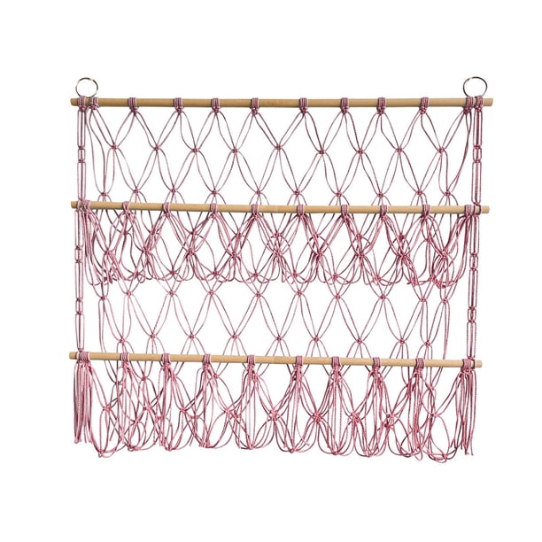 Hamaca tejida a mano de macramé con borlas para guardar peluches rosa