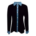 thumbnail image 5 of Dazajoo Long Sleeve Waffle Knit Tops for Women Button Down Lapel Collar Shirts with Denim Trim Casual Color Block Shacket,Black,L, 5 of 5