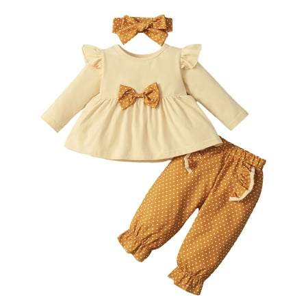 

Baby Girls Cute Outfits Solid Bowknot Tops+Dot Printed Pants Headbands Sets for Girls Size 6-9 Months