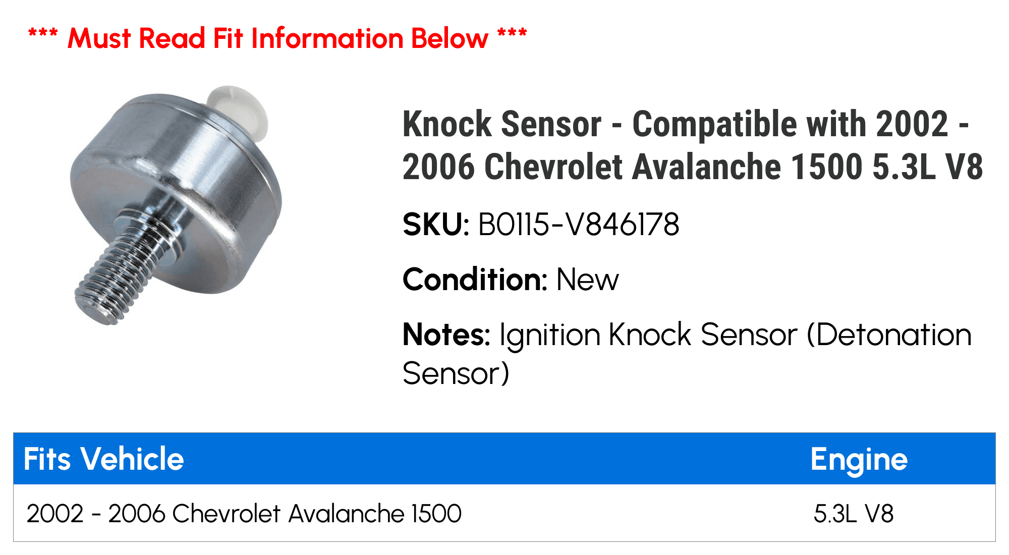 Knock Sensor - Compatible with 2002 - 2006 Chevy Avalanche 1500 5.3L V8 2003 2004 2005