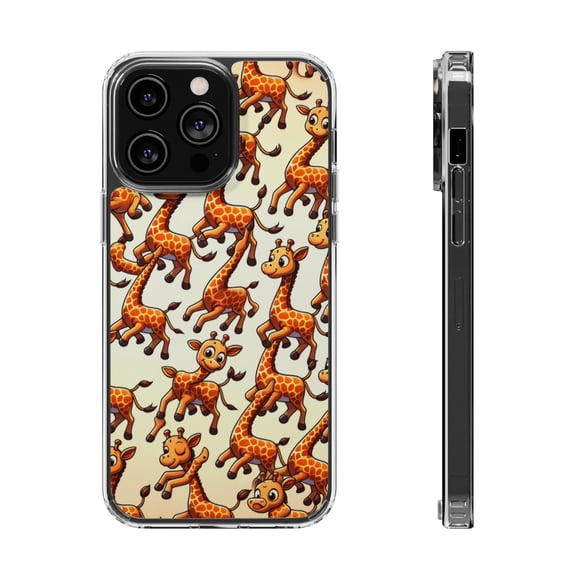 DistinctInk Hybrid (Acrylic / TPU) Clear Slim Fit Case for Apple iPhone 13 Pro MAX (6.7" Screen) - "Giraffe Parade: Playful Prancing Pattern"