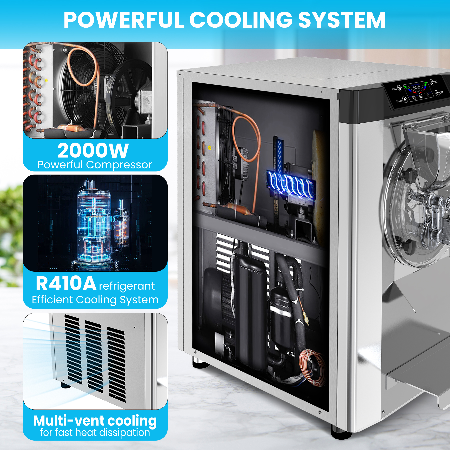 2000W Commercial Ice Cream Machine, 4.8-6.4 gal/H Single Flavor Countertop Hard Serve Ice Cream Maker