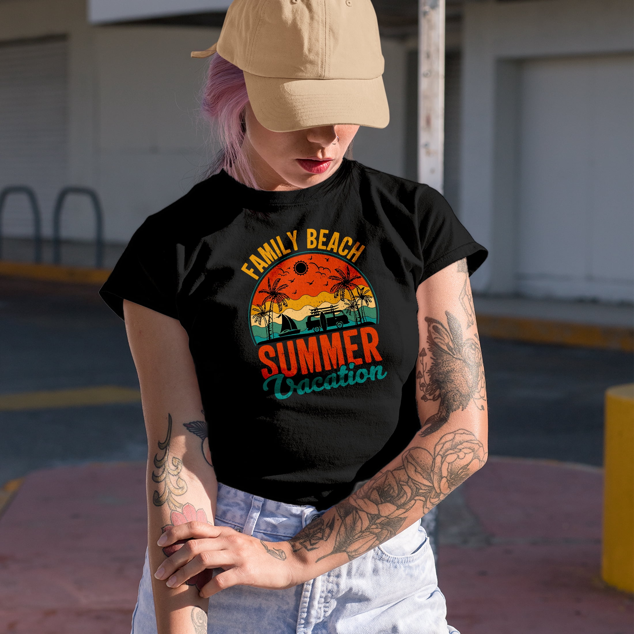 Retro Distressed Family Beach Summer Vacation feat. a Surf Van & Palm Trees, Military Green T-Shirt, Large