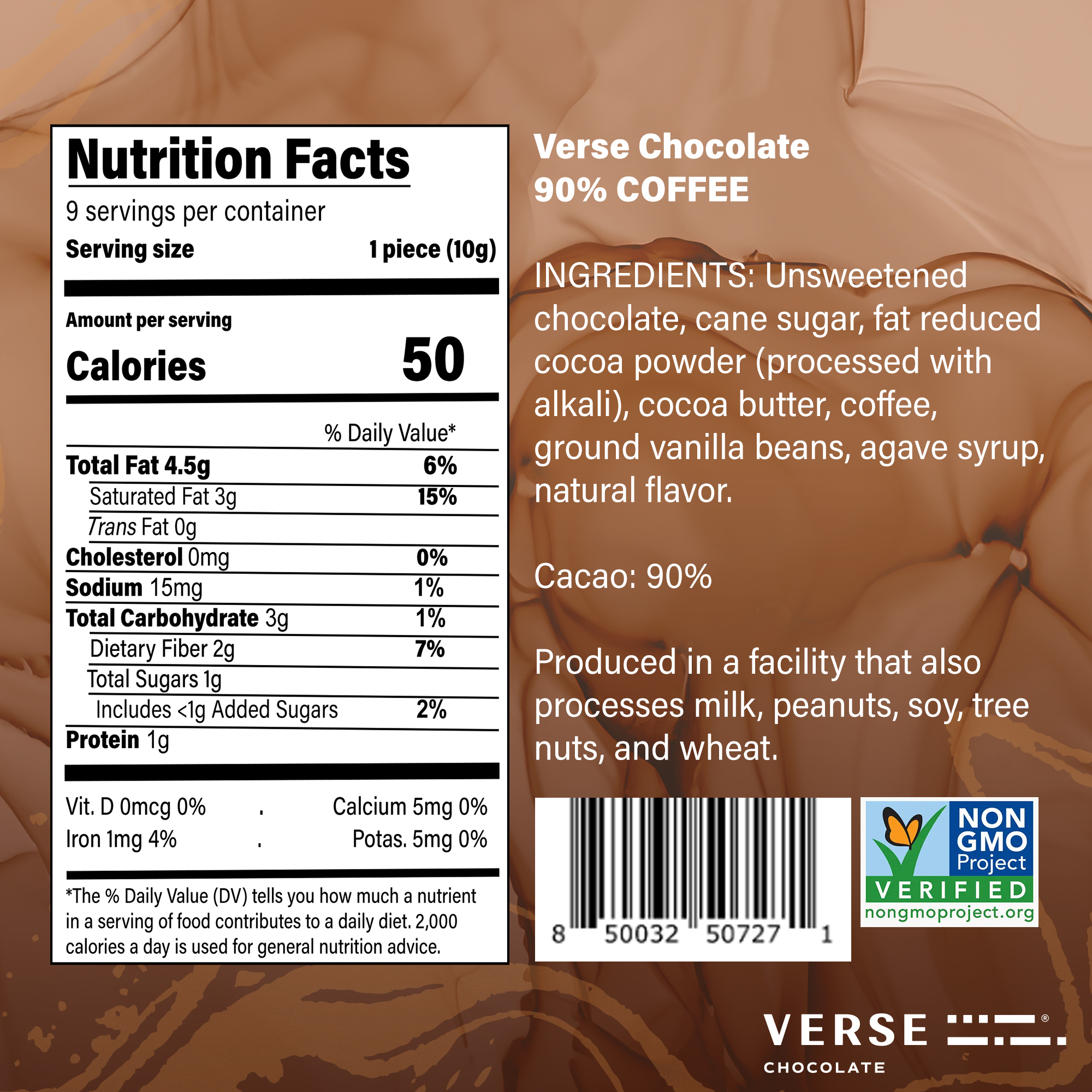Verse Luxury Dark Chocolate Coffee Squares - Gluten Free, Keto Low Sugar Snack - 90% Dark Cocoa - Only 1g Cane Sugar - Individually Wrapped Vegan Cacao Chocolate Squares (9 Count, 4 Pack)