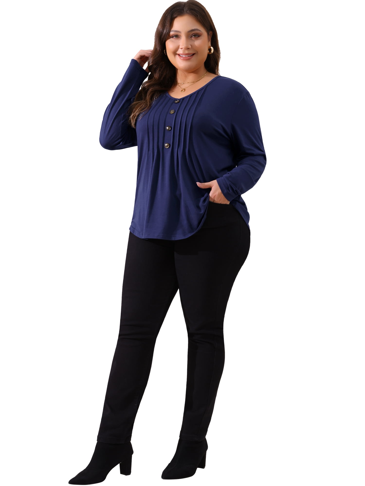 DARING DIVA Women's Plus Tops Pleated Front V Neck Button Blouses 2X Navy Blue