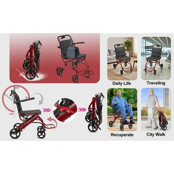 Lorel Foldable Transport Wheelchairs for Adults, Lightweight 18.5lbs Travel Wheelchair with 8" Rear Wheels & Hand Brakes, Portable Aluminum Alloy Wheelchair, Supports 175lbs Capacity