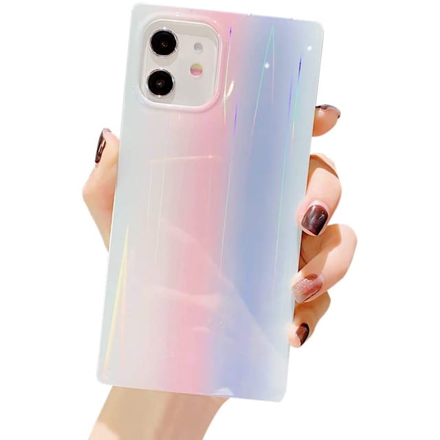 Compatible with iPhone Case for Square Glitter Bling Rainbow Aurora Pattern for Girls Woman Soft TPU Anti-Fall Shockproof Anti-Scratch Protective Case for iPhone 12/12pro (White)