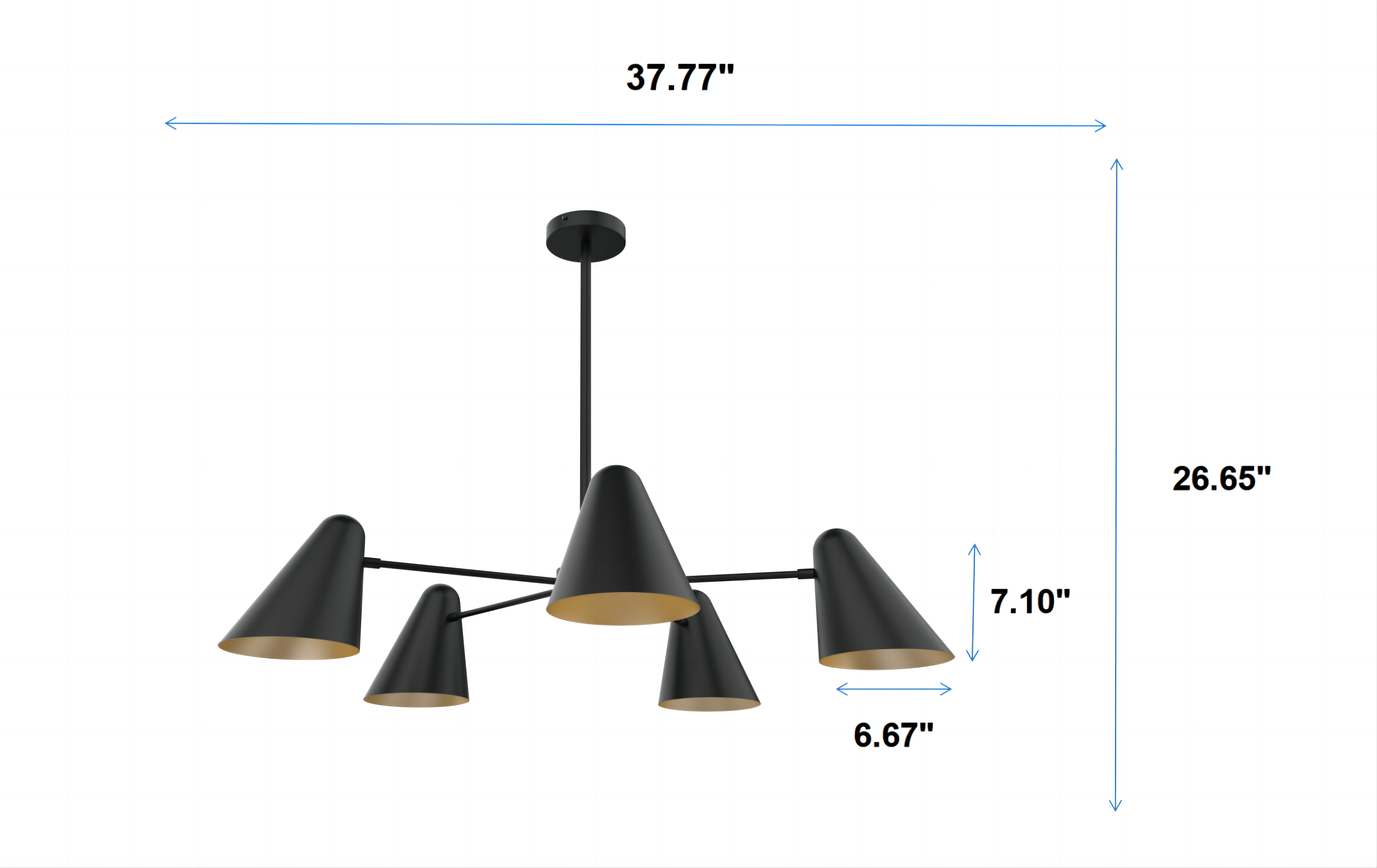Better Homes & Gardens 38" Wide Contemporary 5-Head Chandelier, Matte Black, Brass Interior, No Bulb
