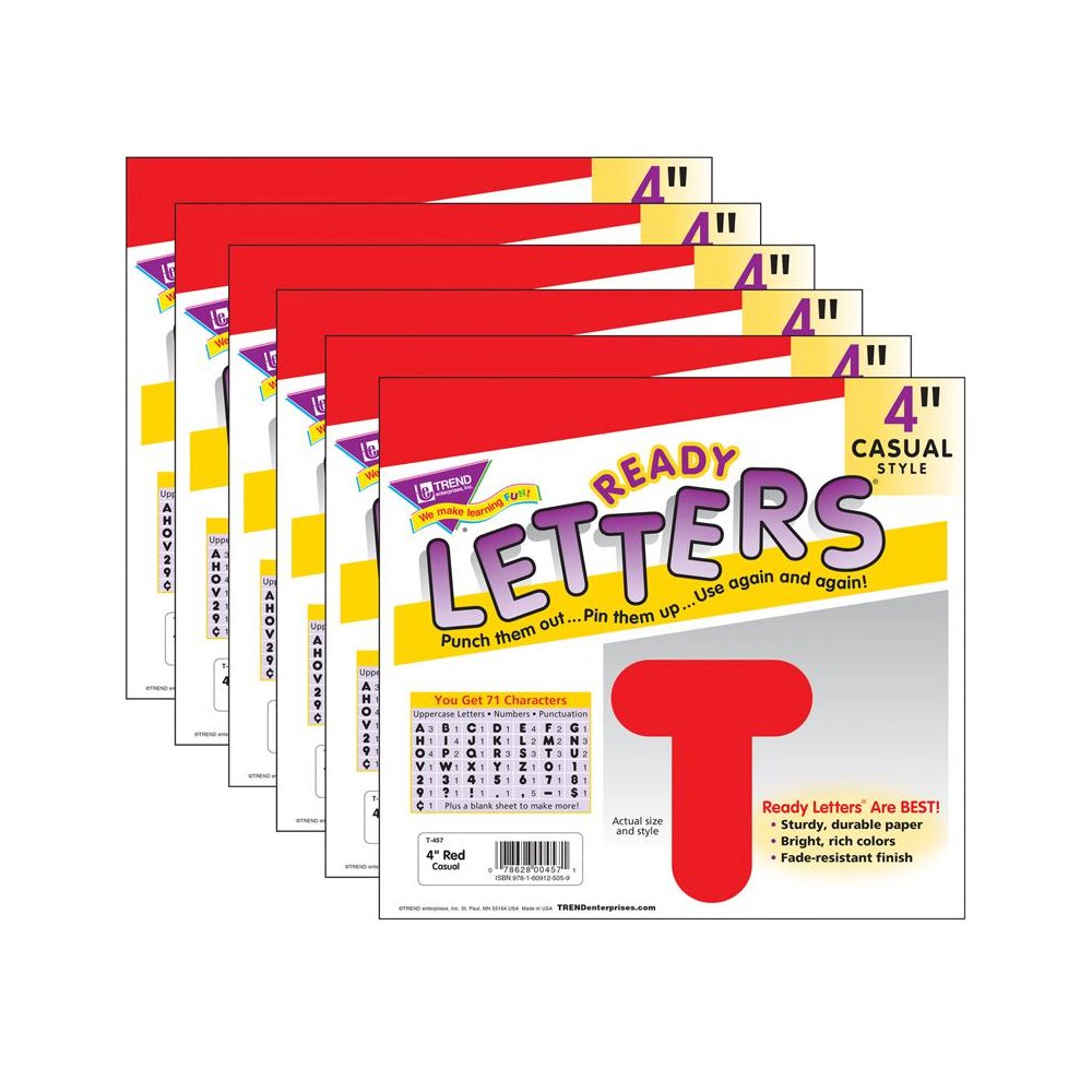 TREND Red 4" Casual Uppercase Ready Letters, 6 Packs