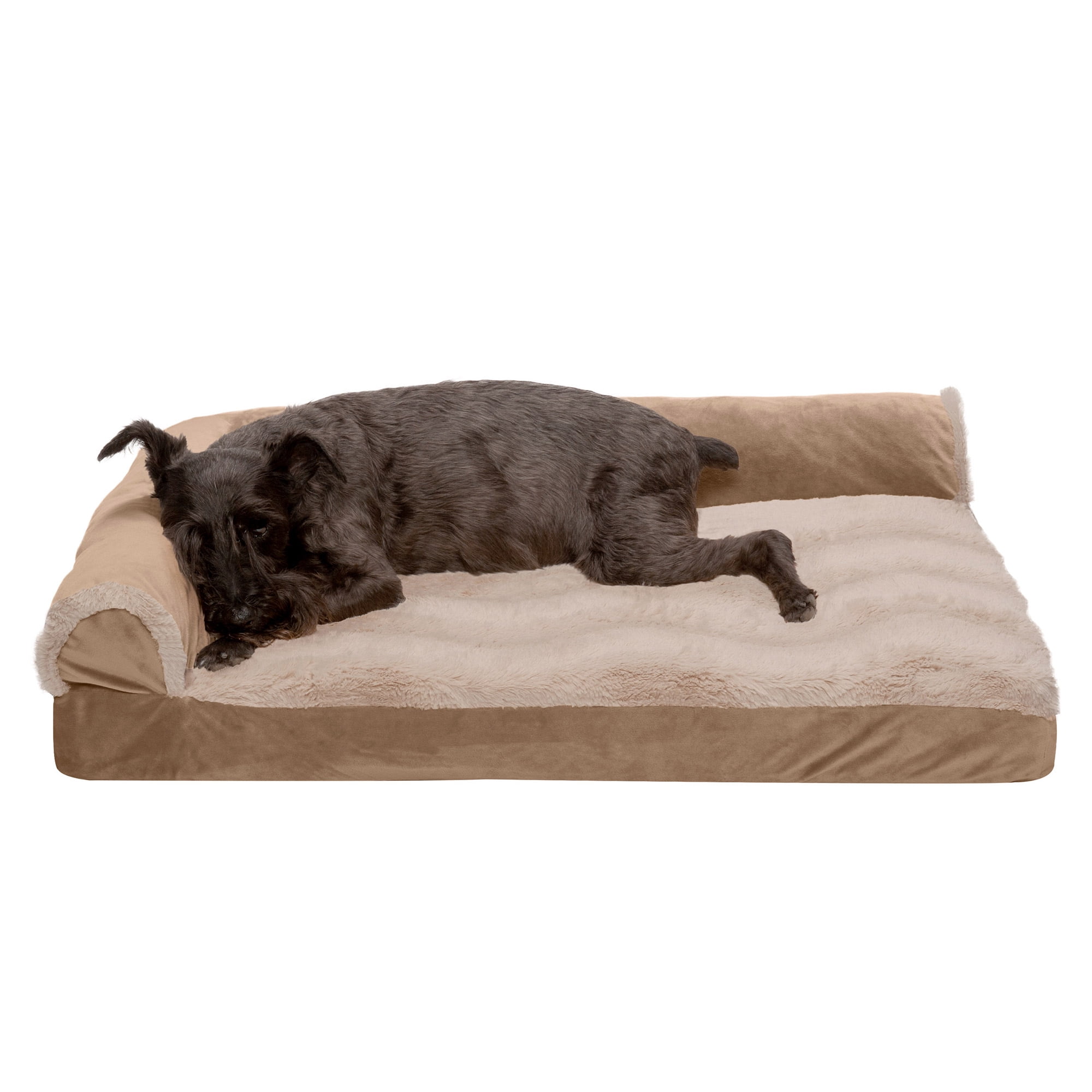 FurHaven Pet Dog Bed , Deluxe Orthopedic Wave Fur & Velvet LShaped