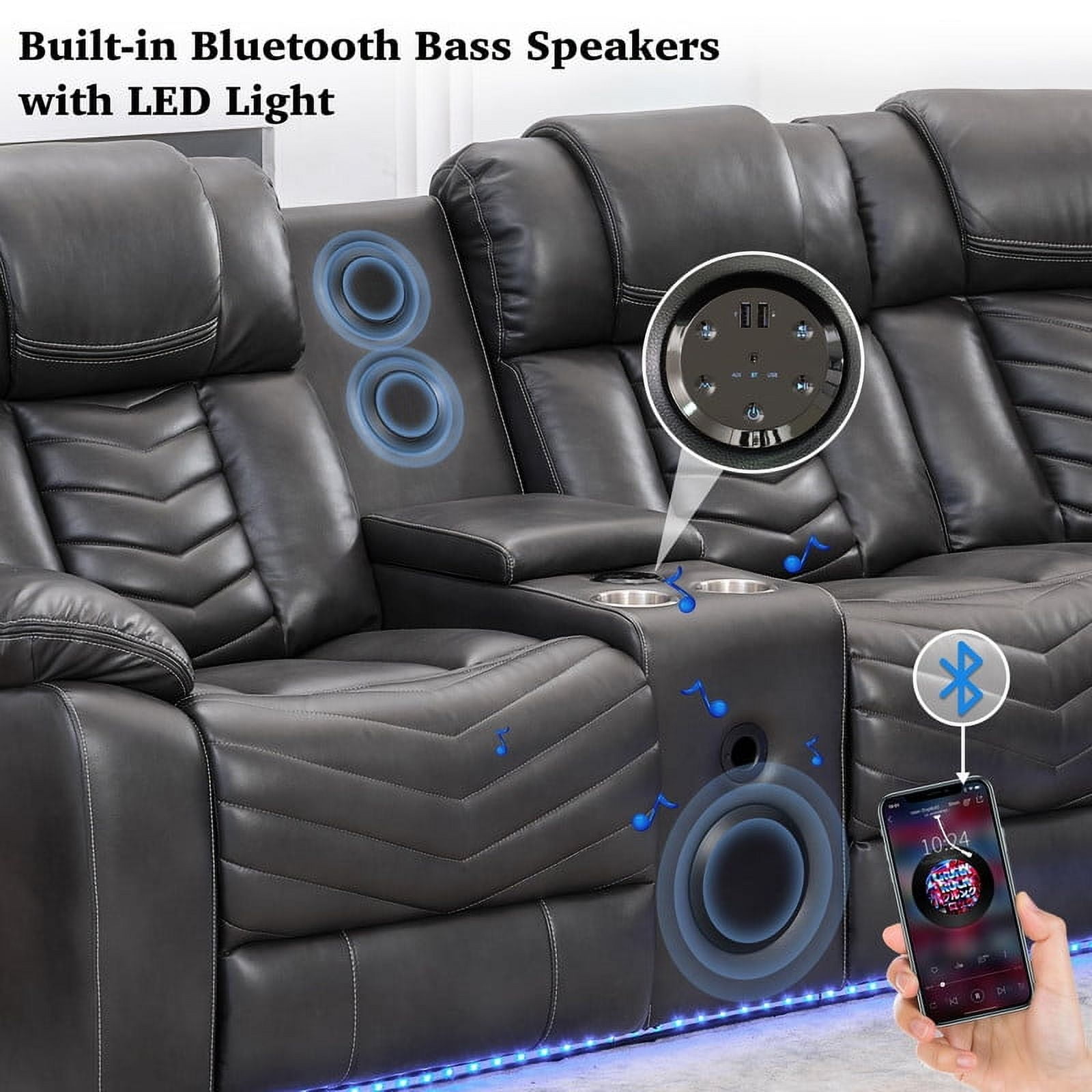 Power Reclining Sectional Sofa with Bluetooth Speakers,USB Ports,LED Lights,Cup Holders,Storage Console,Faux Leather Electric Corner L-Shaped Recliner Couch,5 Seater for Living Room Gray