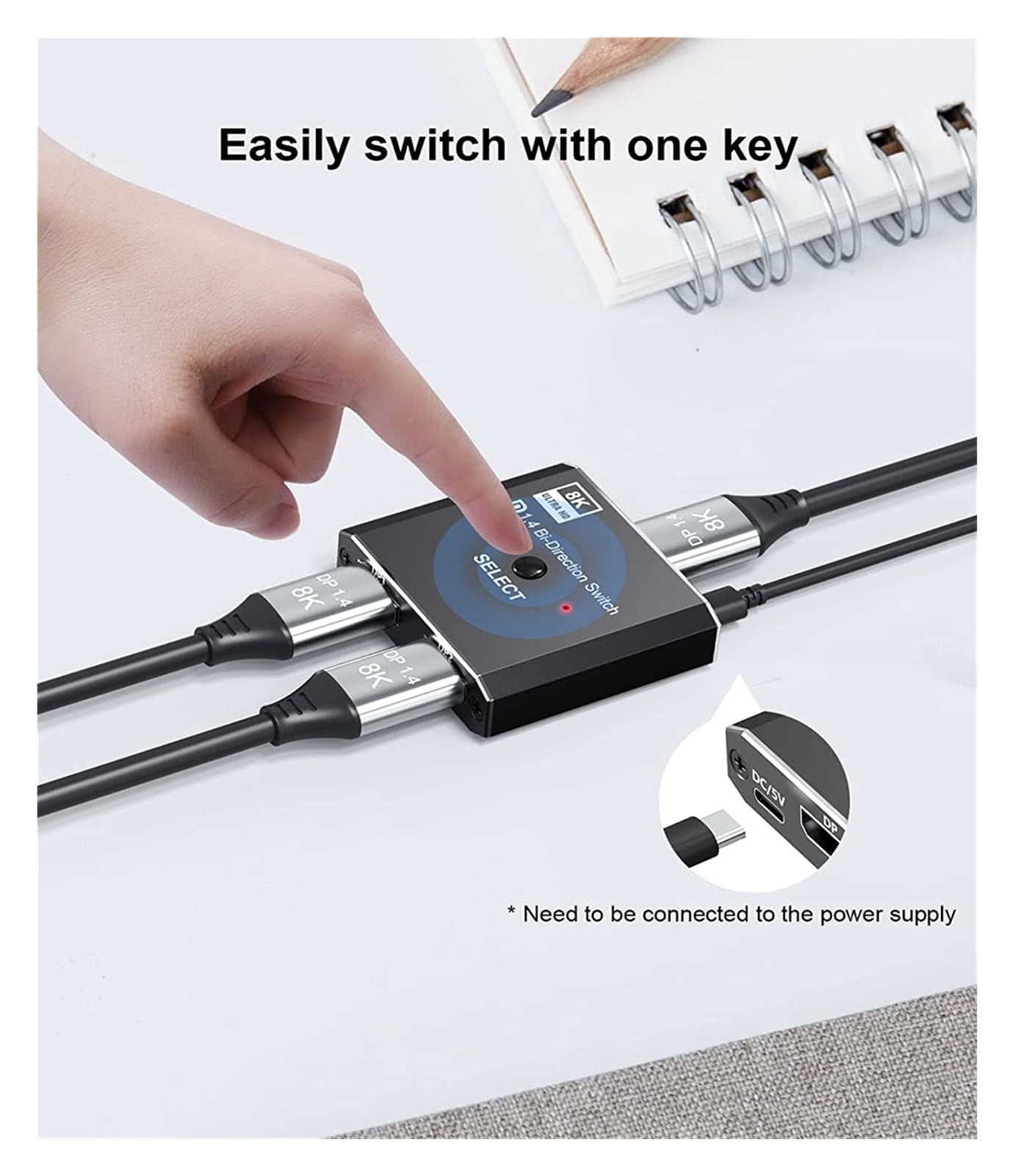 1.4 Switch 8K Displayport Bi-direction Splitter Switcher Displayport KVM 2X1 1X2 Display-port 8K@30Hz,4K@120Hz ,Hd Visual Effect
