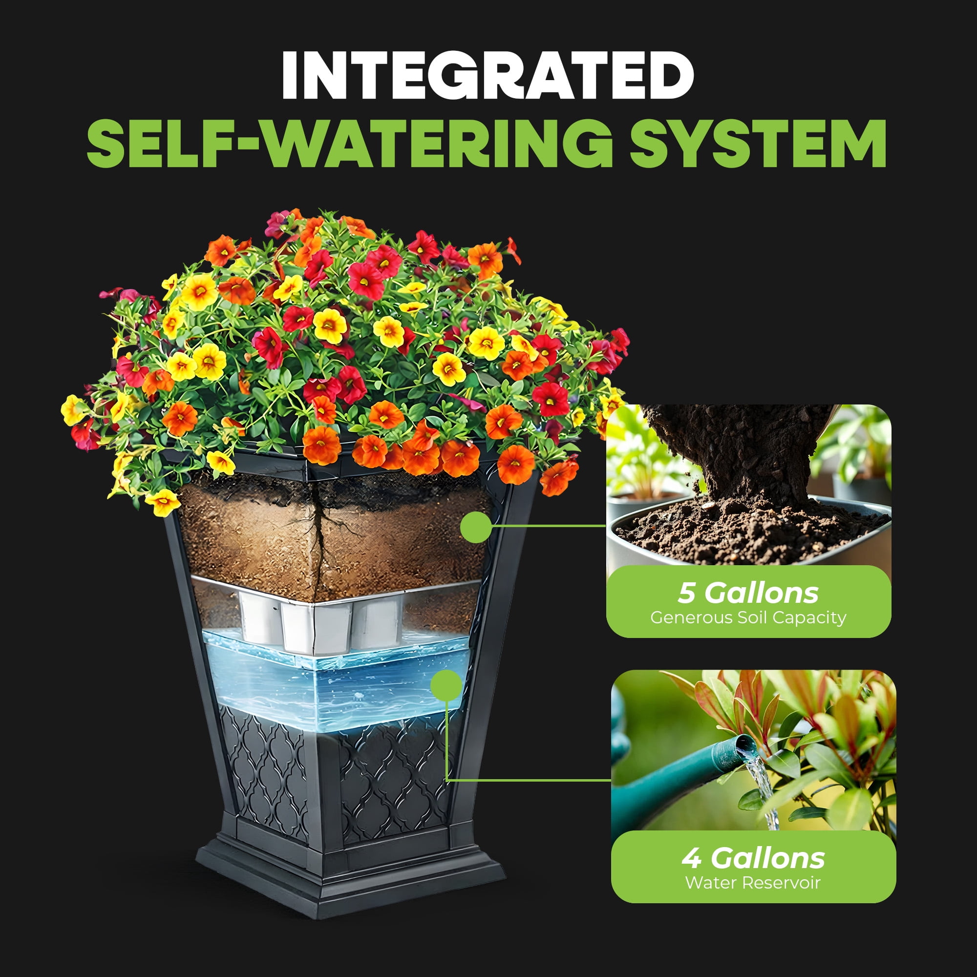 FCMP Outdoor Modemmo Self-Watering Planter, Casablanca Pattern, Black, Set of 2