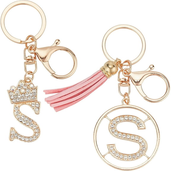 2Pcs 2 Styles Letter Keyring Letter S Keychain with Lobster Claw Clasps Alloy Rhineston Alphabet Pendants with Tassel and Crown Key Rings DIY