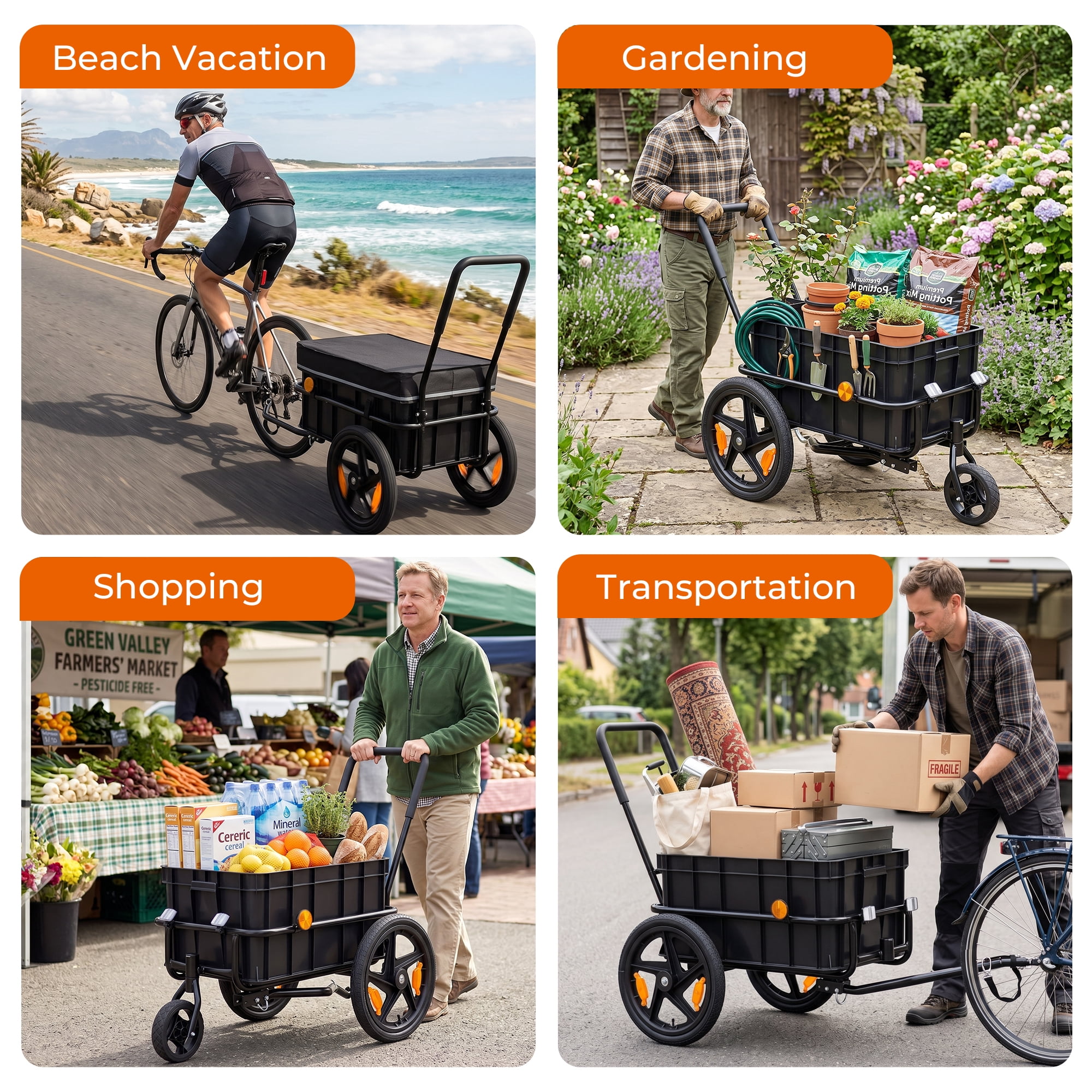 2-in-1 Bike Trailer Pushcart 154 lbs Capacity 16 Wheels Waterproof Cover Adjustable Handle
