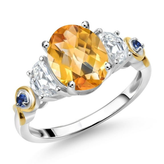 Gem Stone King 925 Silver and 10K Yellow Gold 3-Stone Ring Oval Checkerboard Yellow Citrine and Moissanite (2.15 Cttw, Size 8)