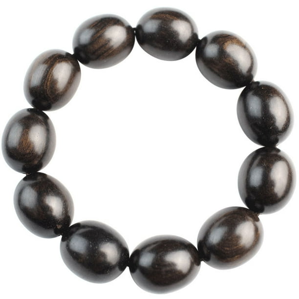 Pulsera negra con cuentas ovaladas de madera de azufaifo, 15 x 19 mm, color ébano, 16 cm