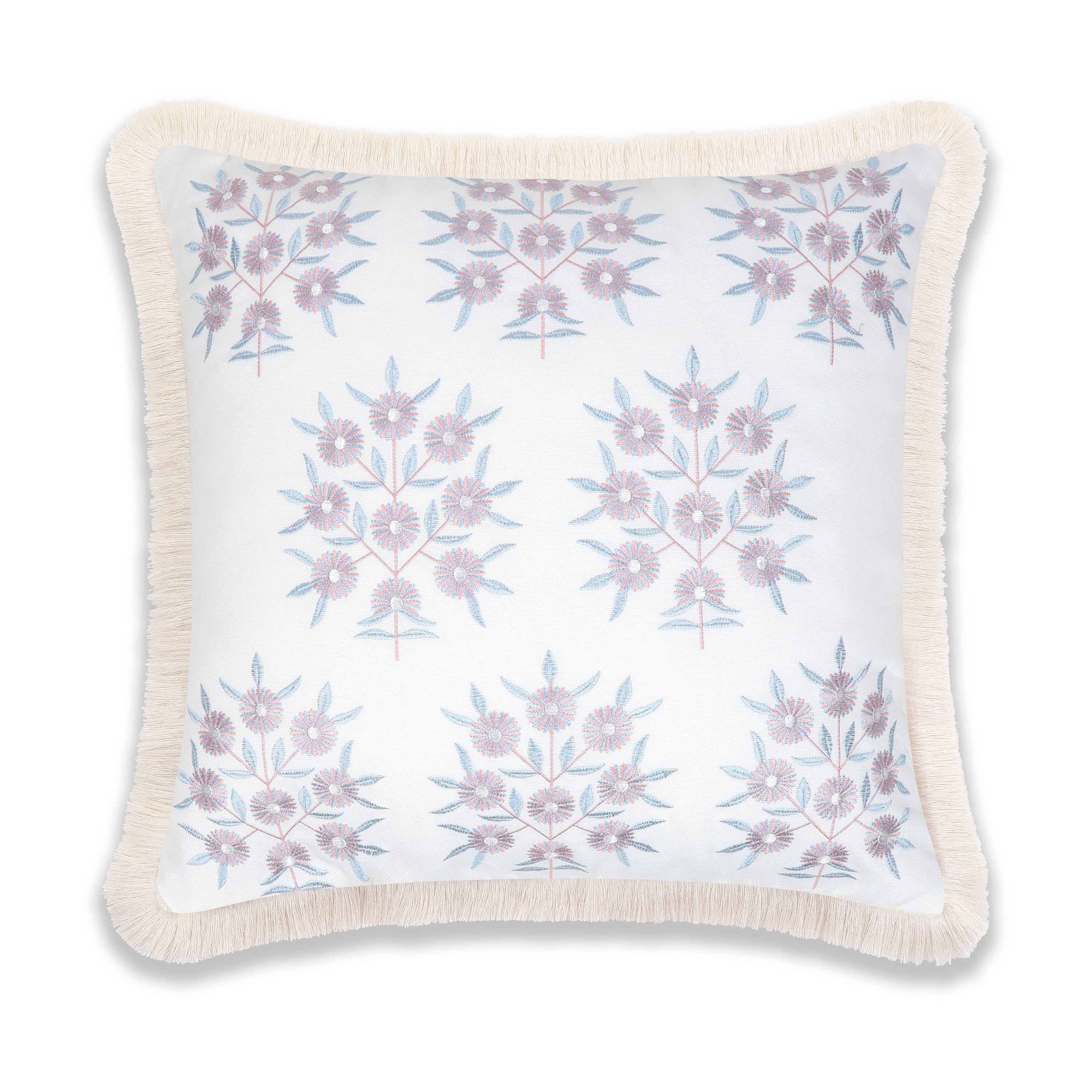 Hofdeco Premium Coastal Patio Indoor Outdoor Throw Pillow Cover Only, 20"x20" Water Repellent for Backyard, Couch, Blush Pink Embroidered Floral with Fringe