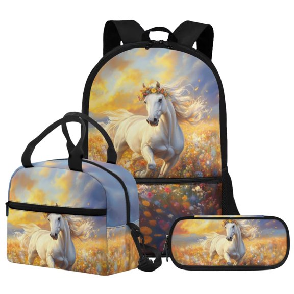 FUIALDOLG White Horse Flower Backpack for Girls 10-12 School Bag for Girls with Lunch Bag Pencil Case 3 in1 Bookbag Set Large Capacity Elementary Middle School Backpacks Rucksack