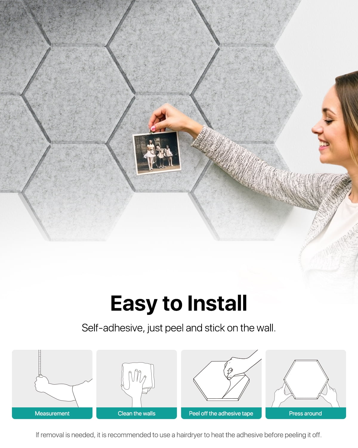 Soundsbay Acoustic Wall Panels Hexagon Self-Adhesive Soundproof Absorbing Noise Cancelling Wall Panels 12 Pack Gray 12'' x 10'' x 0.4''
