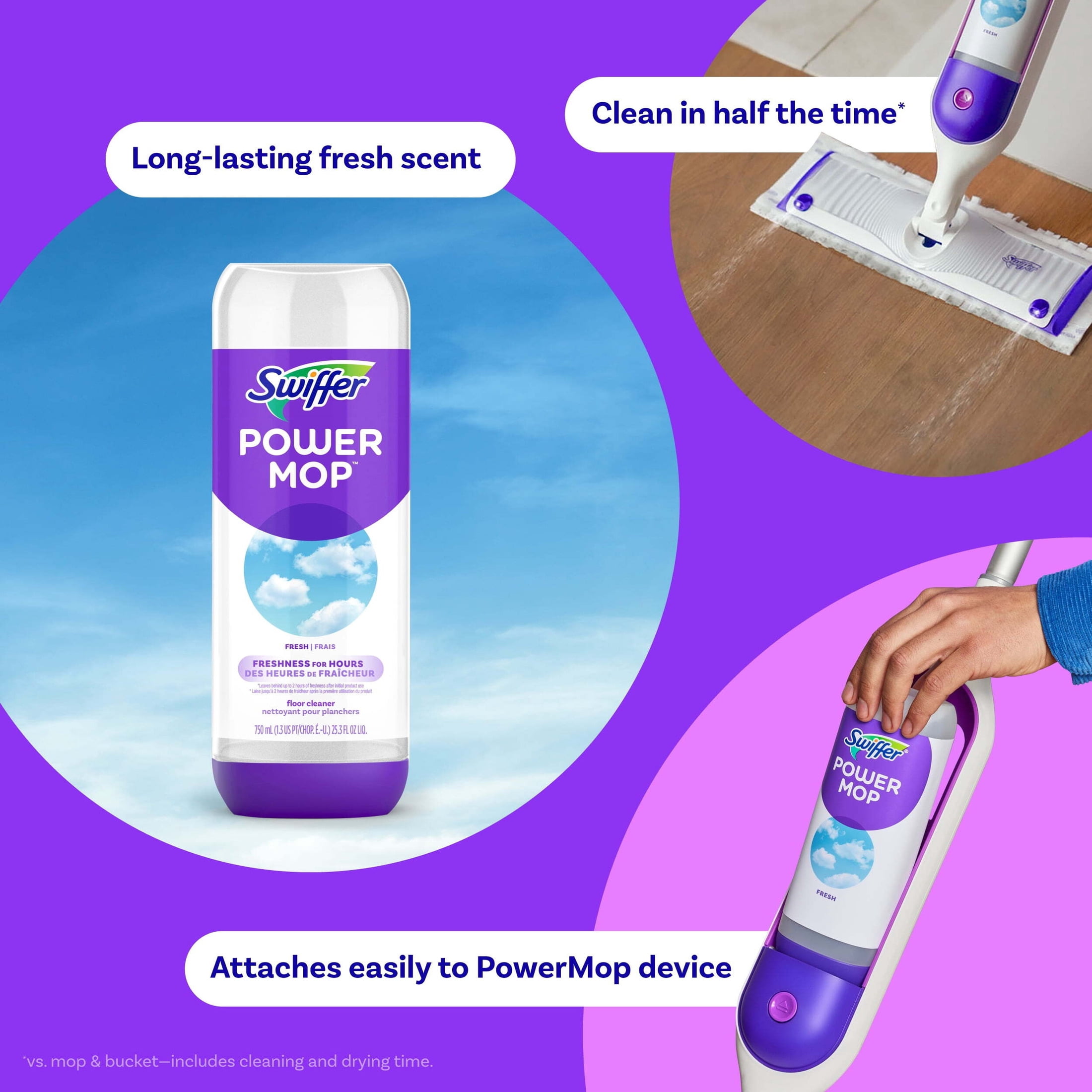 (3 pack) Swiffer Power Mop Refill Solution, Tile, Vinyl, Laminate, Wood, Floor Cleaner, Fresh, 25.3 fl oz