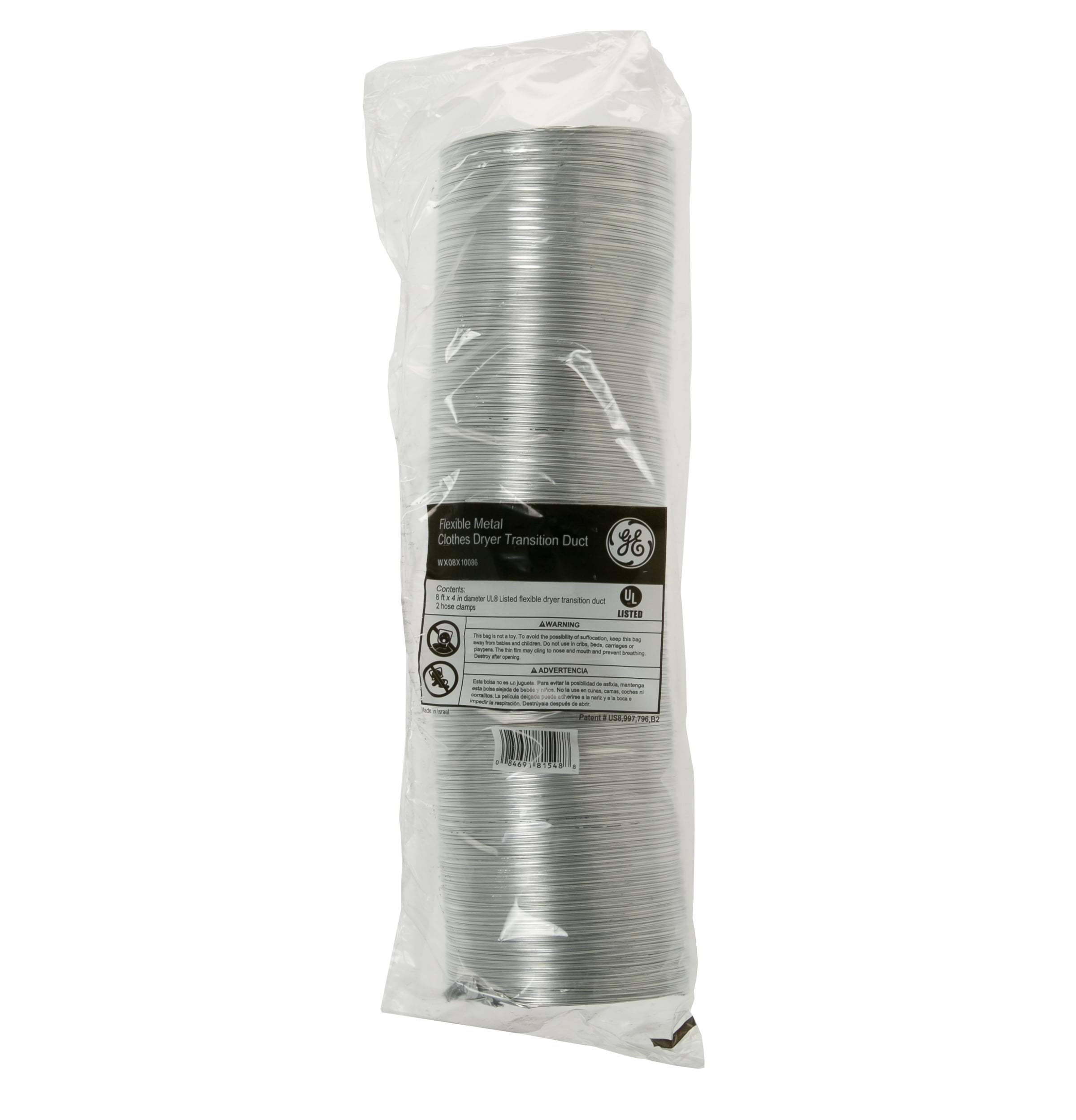 GE Appliances 4" x 8' Flexible Metal Dryer Duct, WX08X10086, UL Listed