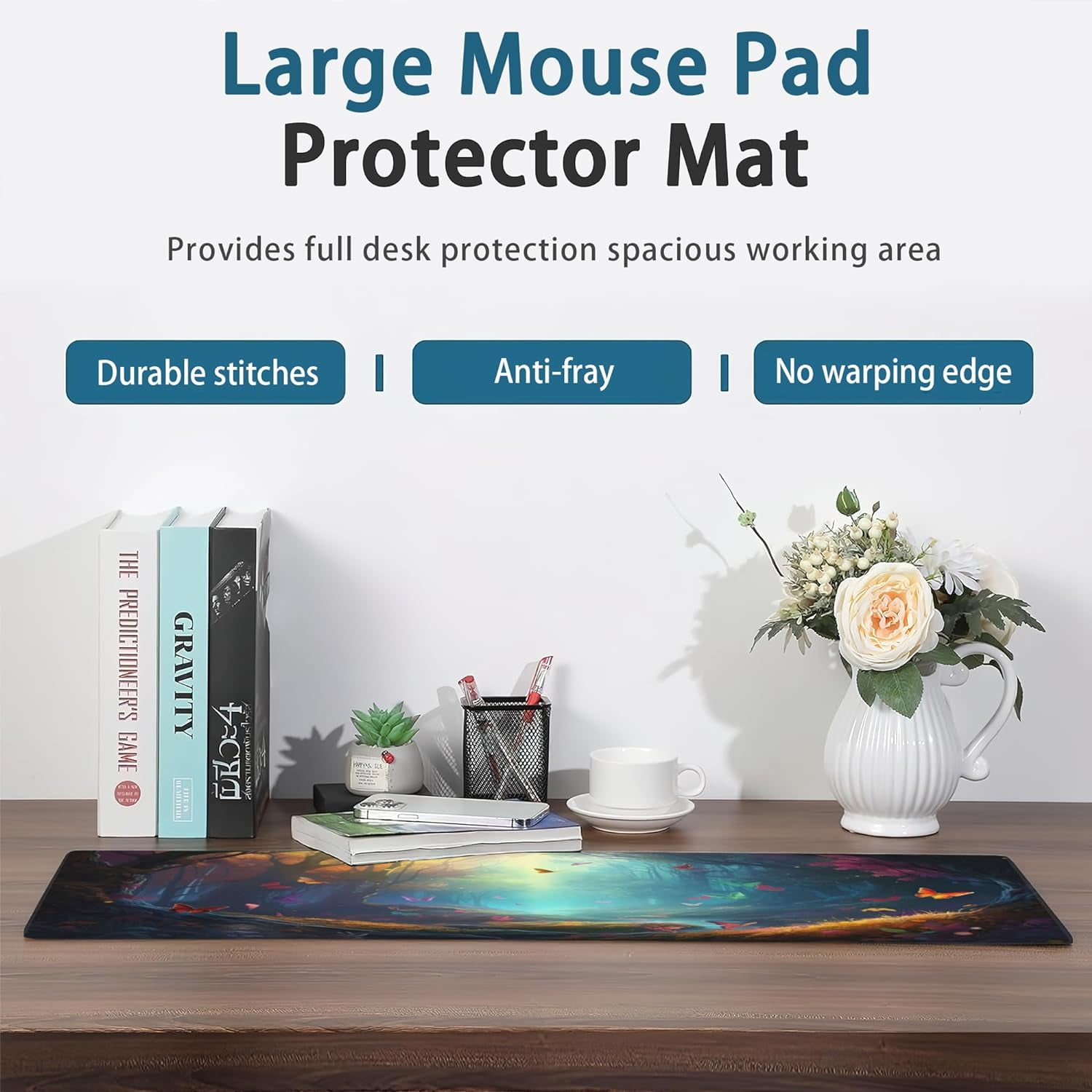 Desk Mat, Fantasy Landscape with Colorful Butterfly Extended Gaming Mouse Pad Large, 31.5"x11.8" Big Mouse Pad with Non-Slip Base and Stitched Edge, Long Computer Keyboard Mouse Mat for Home Office