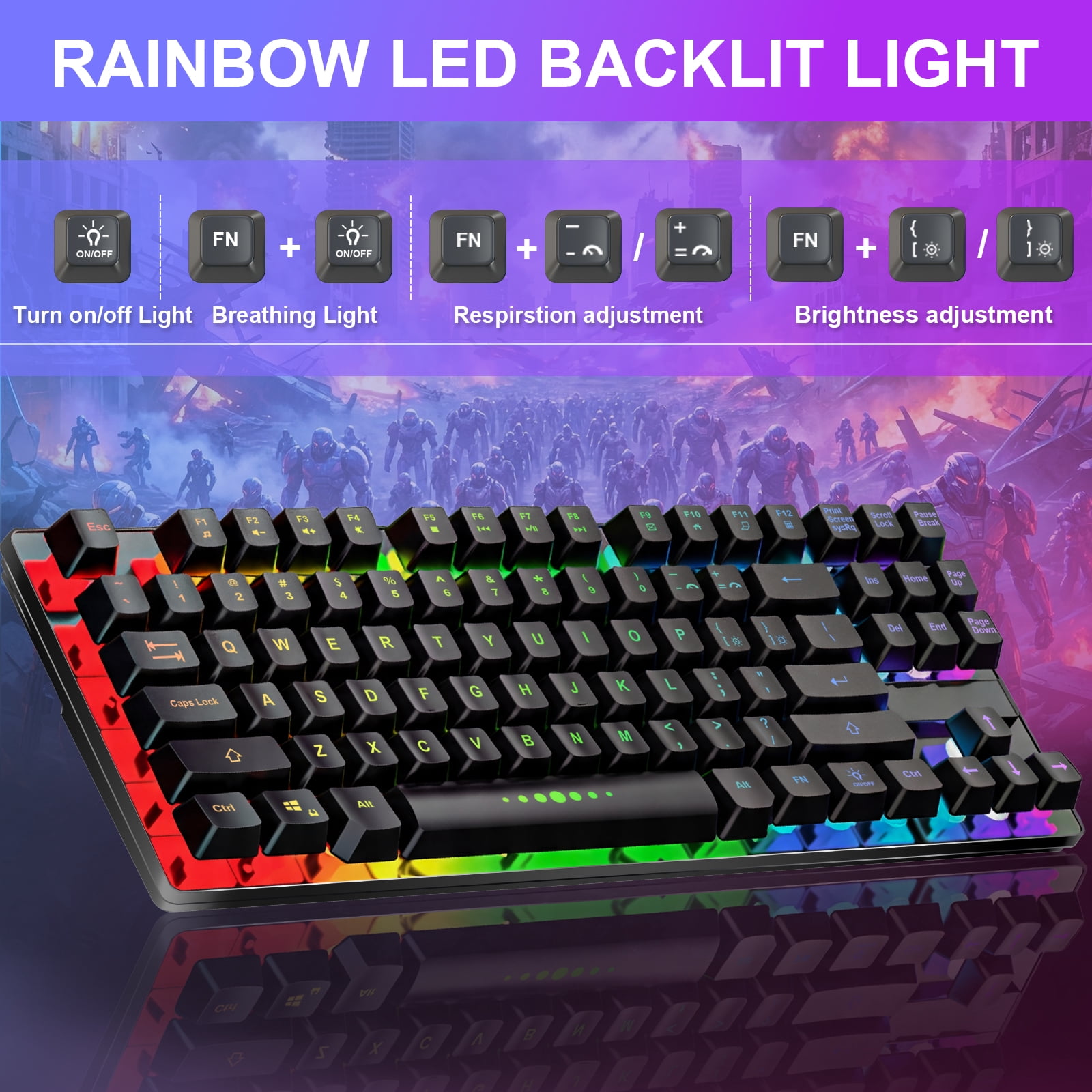 SANPTENT Wireless Gaming Keyboard and Mouse Combo, 87 Keys RGB LED Backlit Rechargeable, W/2.4G Wireless Receiver, for Windows Computer PC Gamer