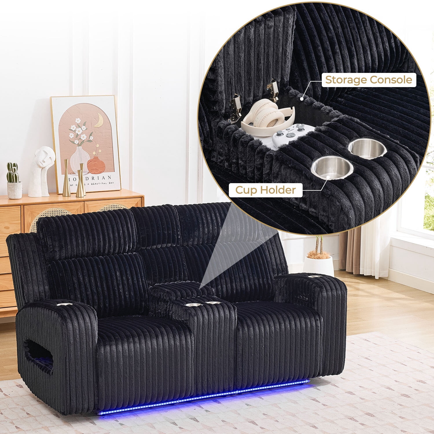 3PCS Power Zero Gravity Reclining Sofa Set with Adjustable Headrests,Bluetooth Speakers,Reading/LED Lights,Type C/USB Port,Cup Holders,Storage Console,Faux Fur Electric Couch,Loveseat,Recliner,Black