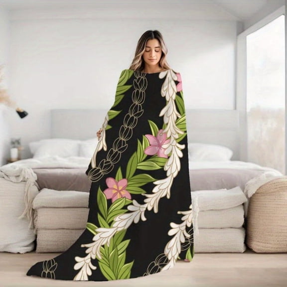 Luxurious Hawaiian Maile Pikake Floral Blanket Ultra-Soft Dual-Sided Flannel All-Season Comfort Modern Style Vibrant Hibiscus & Pikake Design