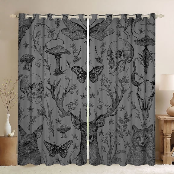 Homewish Gothic Skull Black Out Curtains,Cute Deer Fox Curtains Pack of 2 (42x63 Each),Gray Black Bedroom Curtains For Adults,Super Cozy Room Decor