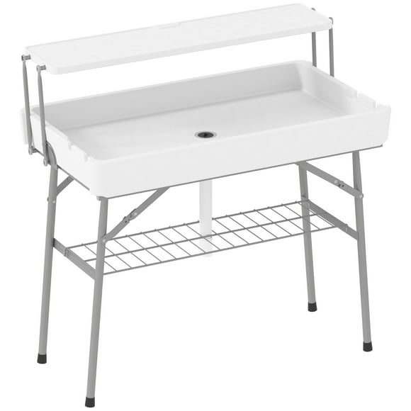 Outsunny 2-Tier Folding Ice Table with Drain, Outdoor Cooler Table, White