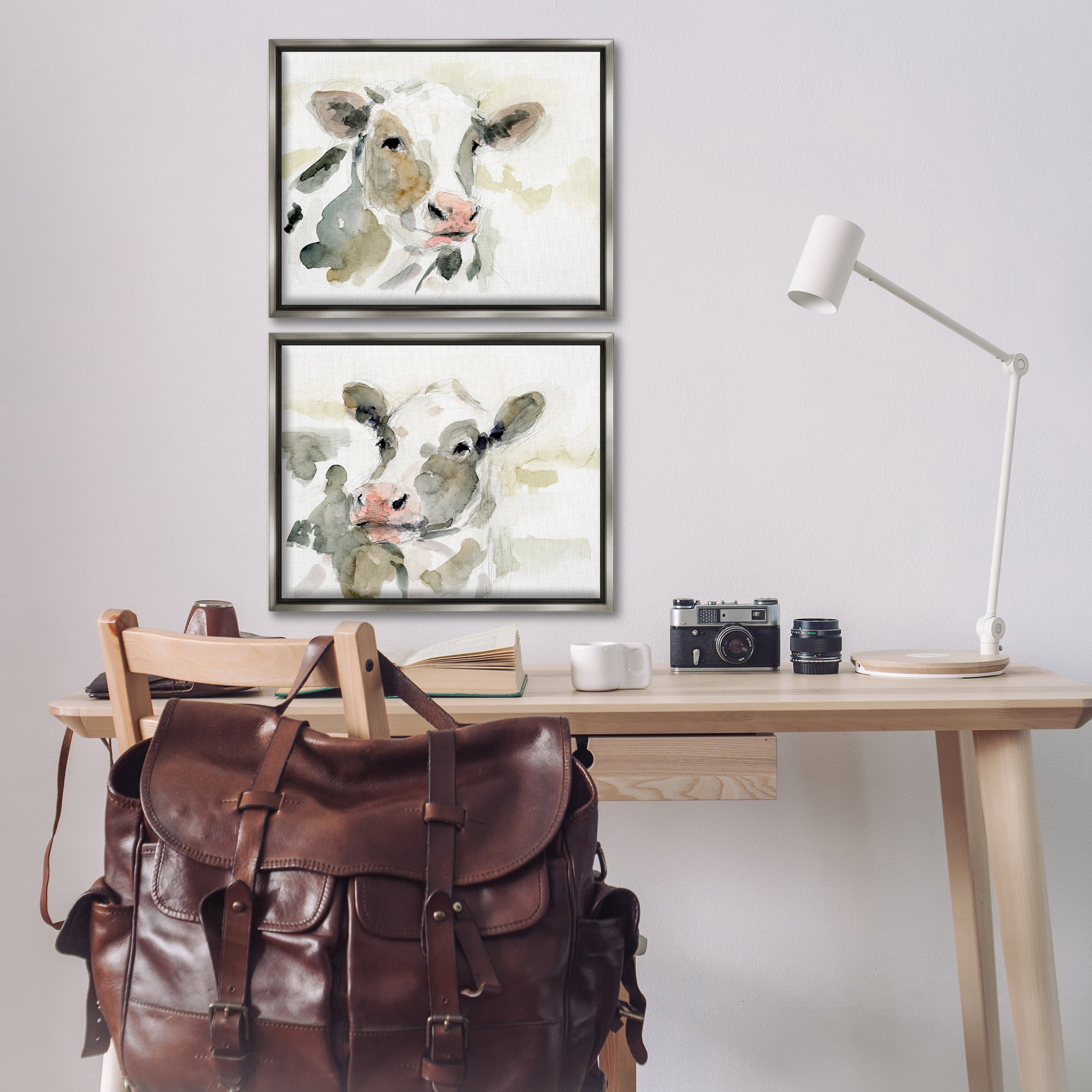 Stupell Industries Watercolor Holstein Farm Cows Animals Painting Gray Floater Framed Canvas Art Print Wall Art, 21 x 17, Set of 2