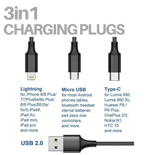 Câble Multi USB, 3 en 1 Multi Chargeur USB Câble 1.2M Câble Universel en  Nylon avec IP Micro USB Type C Lightning Connecteurs p[66]