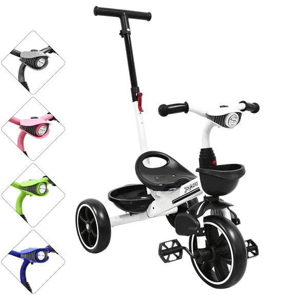 Triciclo para Niños con Bastón Torreta con Luz y Sonido Pedales Desmontables Posapiés Plegables Apto desde 2 años o hasta 25 kg - Blanco