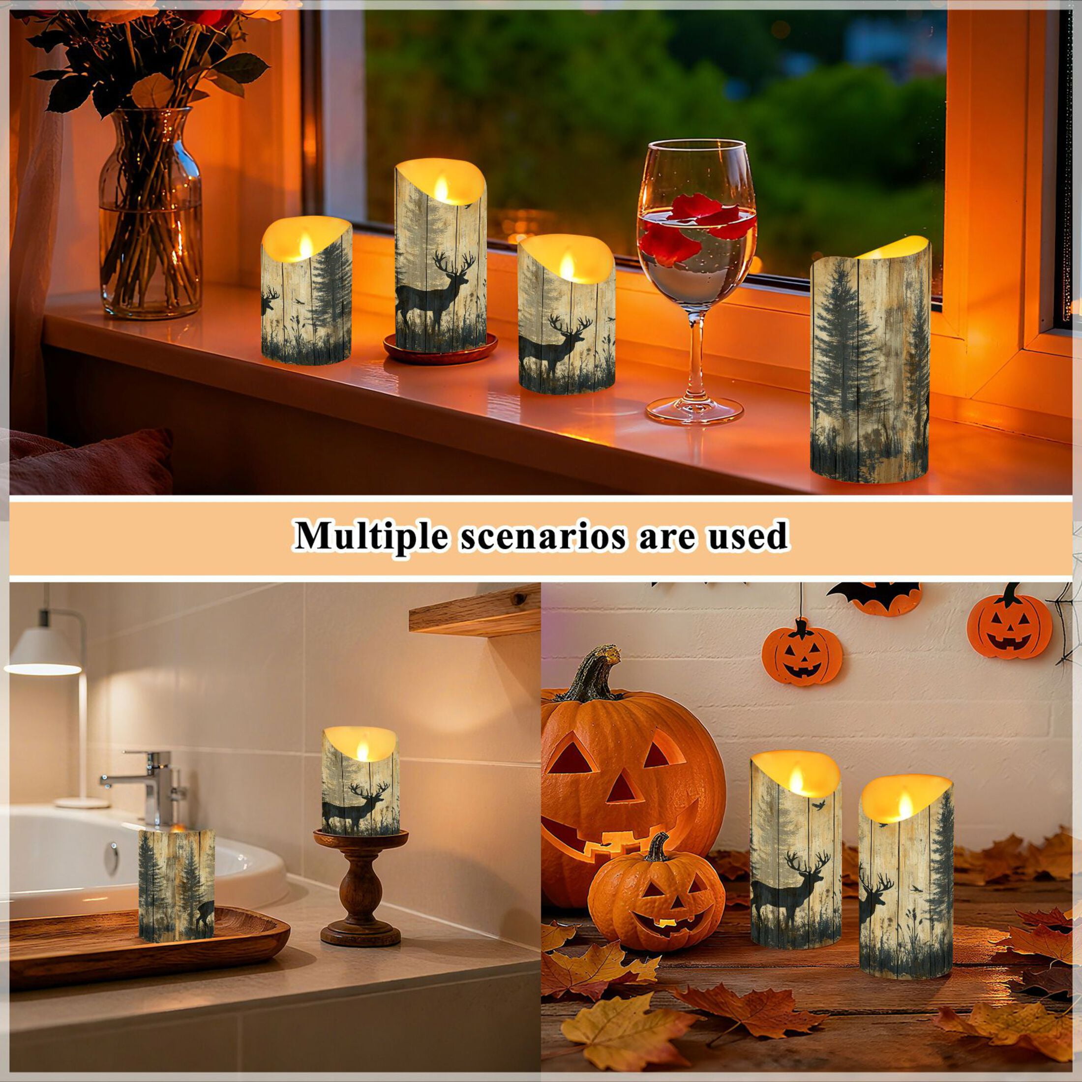 Wobogo Forest Deer Shadow Flameless Candles with Remote Battery Operated Flickering LED Candles with Timer 2/4/6/8H Medium Size