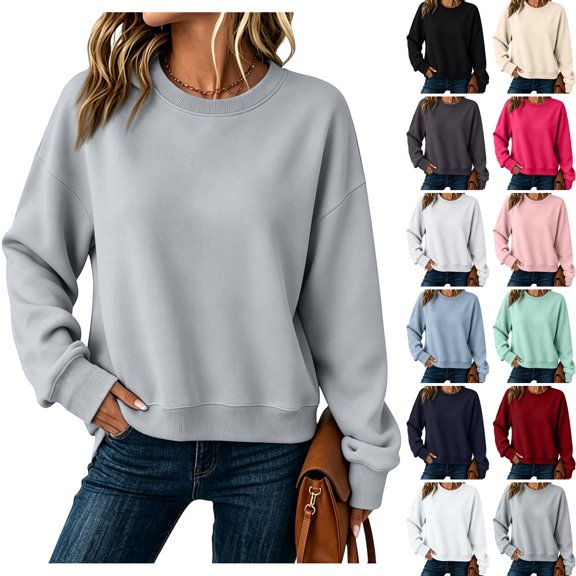 WULMLEO Women Basic Crew Neck Sweatshirts Solid Color Long Sleeve Oversized Drop Shoulder Pullover Loose Fit Soft Casual Plain No Print Fall Daily Tops Gray L
