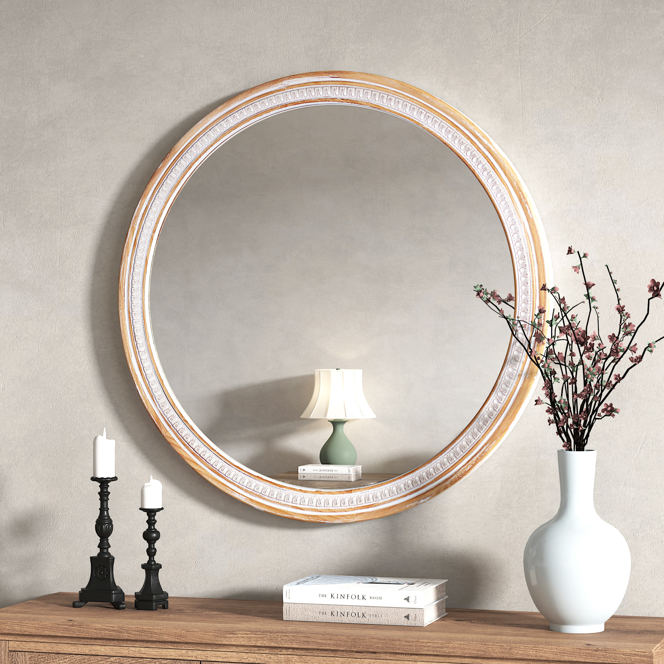 Noble House 30" Round Solid Wood Farmhouse Wall Mirror, Rustic Boho Decorative Mirror for Bathroom, Antique White