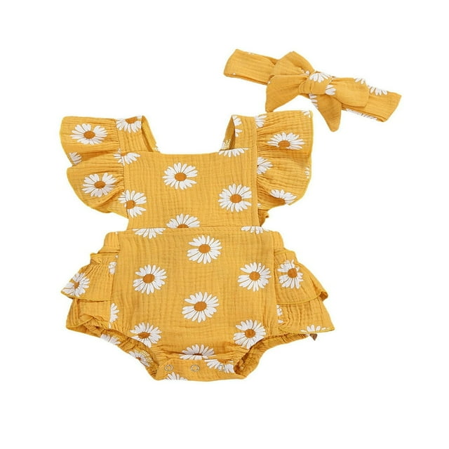 Infant Baby Girls Daisy Romper Ruffle Bodysuit Floral Jumpsuit+Headband Clothes
