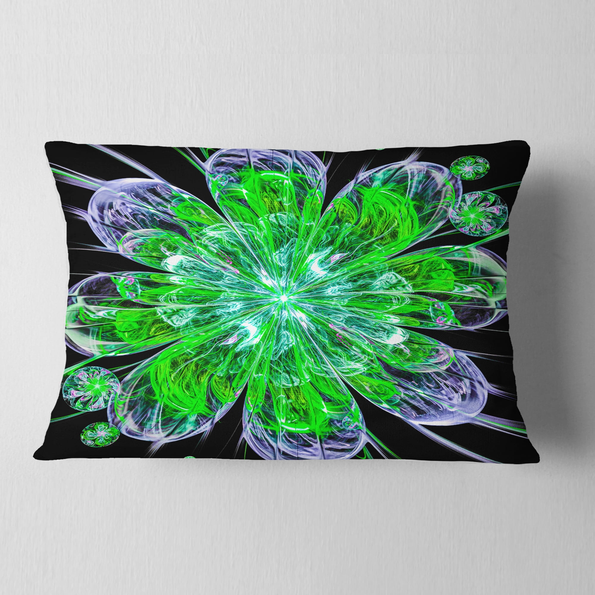 Designart Shiny Green Purple Fractal Flower on Black - Floral Throw Pillow - 12x20