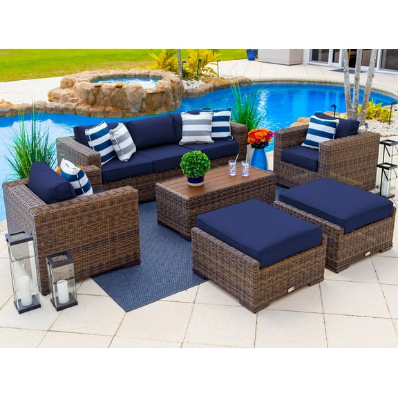 Tuscany 6-Piece L Resin Wicker Outdoor Patio Furniture Lounge Sofa Set with Three-seat Sofa, Two Armchairs, Two Ottomans, and Coffee Table (Half-Round Brown Wicker, Sunbrella Canvas Navy)
