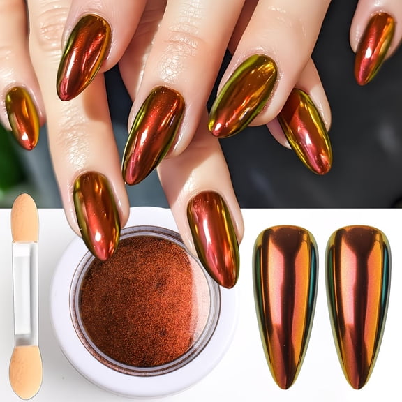 Iridescent Chameleon Nail Powder with Brush for Color-Changing Mirror Glitter Art