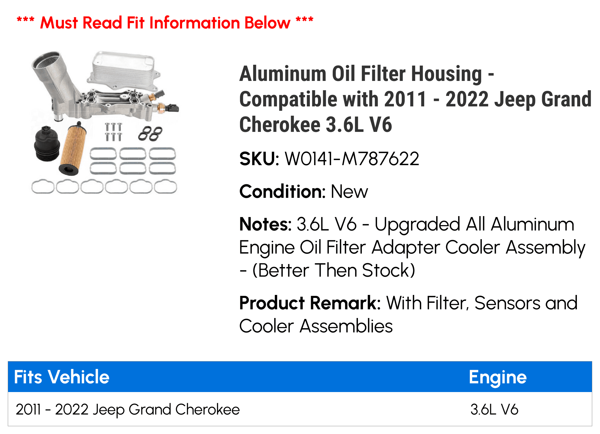 Aluminum Oil Filter Housing - Compatible with 2011 - 2022 Jeep Grand Cherokee 3.6L V6 2012 2013 2014 2015 2016 2017 2018 2019 2020 2021